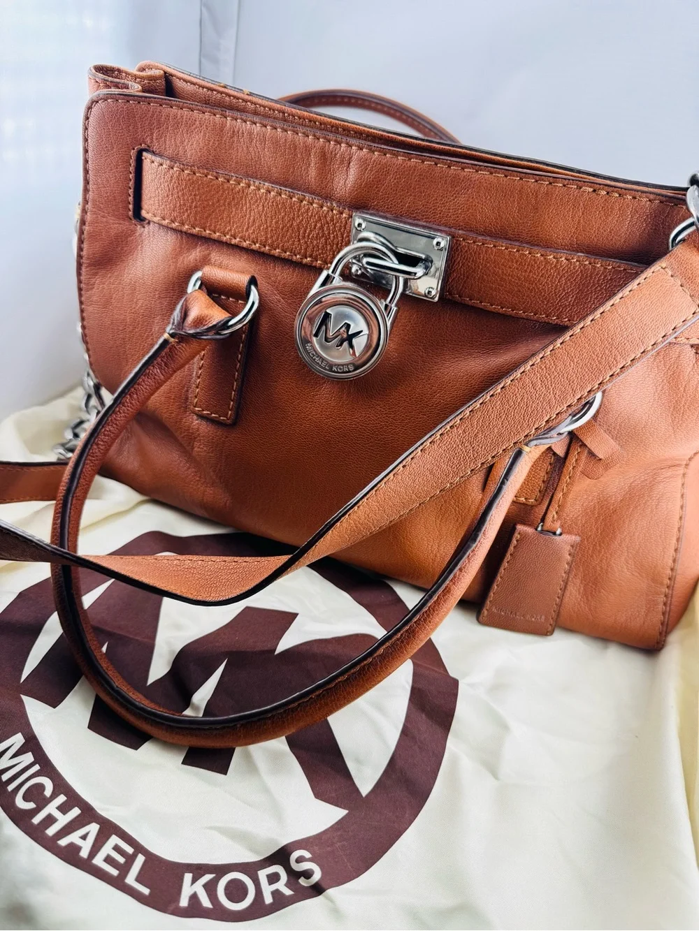 Michael Kors Cognac Leather Shoulder Bag with Silver Hardware